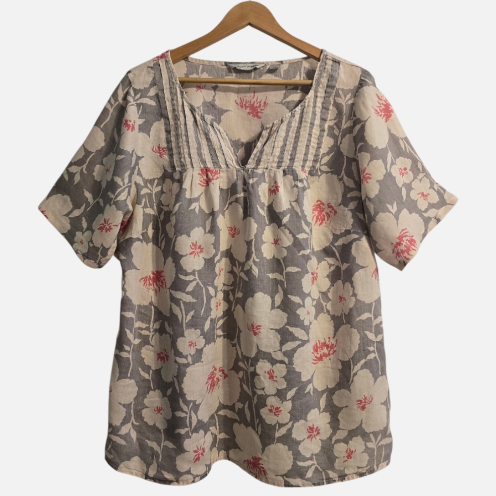 Avenue Tunic Top Women's 18/20 Gray White S-Sleeve Light Linen Floral Pintucked